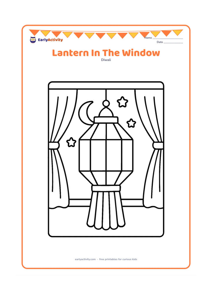 Colouring page: A large hanging Diwali lantern is displayed in an open window, with two simple curtains, a moon and a few rounded stars outside. Make the lantern the clear central object with large panels.