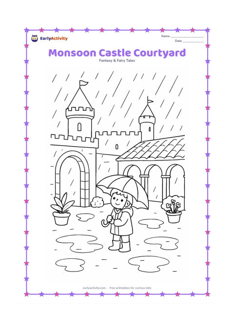 Colouring page: Draw a castle courtyard during gentle monsoon rain, with an arched gateway, covered walkway, puddles, potted plants, and a child holding an umbrella. Show castle towers rising behind the…