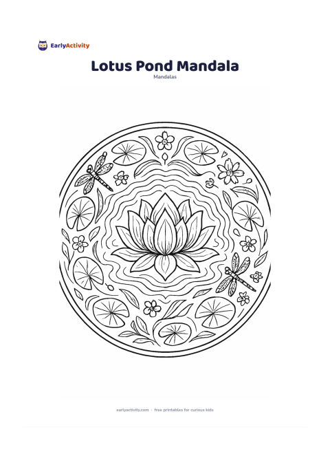 Colouring page: Create a circular mandala with a large lotus at the centre, surrounded by repeating pond ripples, lily pads, curved leaves, dragonflies, and small water flowers. Arrange the pond details…