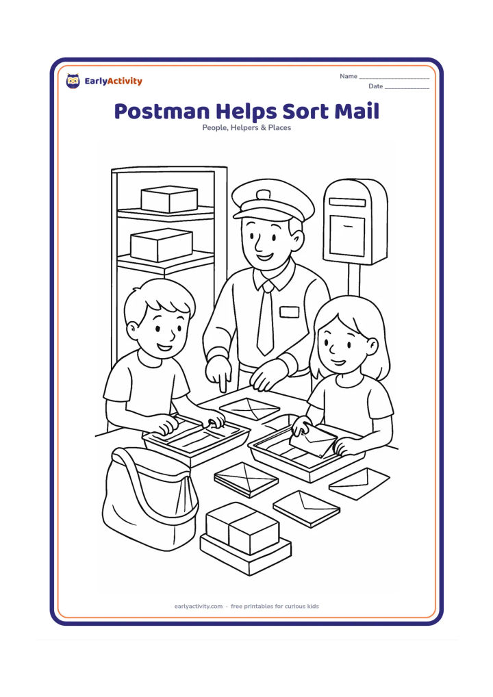 Colouring page: A postman guides two children at a classroom table as they sort blank envelopes by colour and size into trays. Include a mail bag, parcels, shelves and a pretend postbox.