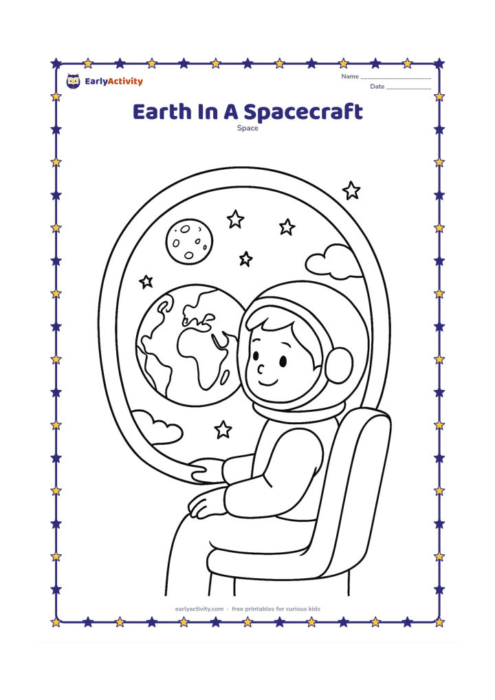Colouring page: A child astronaut looks through a round spacecraft window at Earth, with the Moon, stars and a few floating clouds outside. Show a simple seat and curved window frame inside the spacecraft.