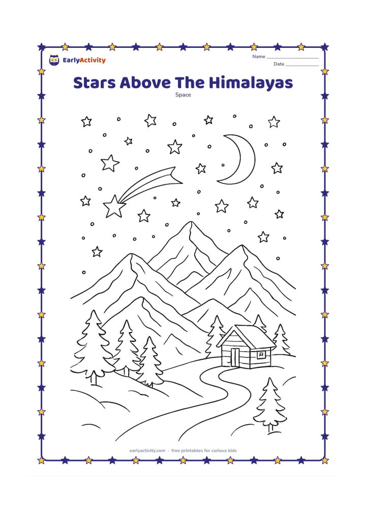 Colouring page: Snowy Himalayan peaks fill the lower scene while a large star cluster, crescent Moon and sweeping shooting star fill the sky. Add a small mountain shelter, pine trees and a winding trail.