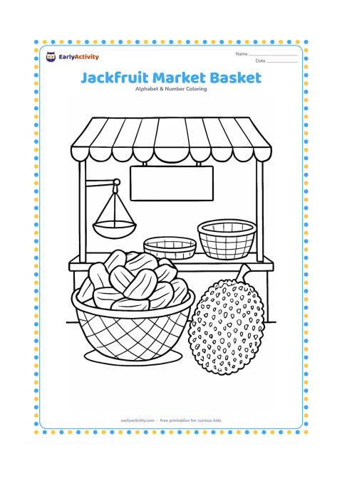 Colouring page: Draw a vendor's basket filled with jackfruit pieces and one whole jackfruit at an Indian market stall. Add a cloth canopy, weighing scale, and a few baskets in the background.