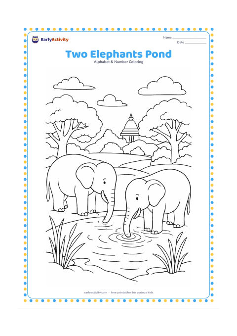 Colouring page: Draw exactly two gentle elephants drinking at opposite sides of a pond in a lush Indian landscape. Add reeds, a distant temple-like roofline without symbols, broad trees and reflected…