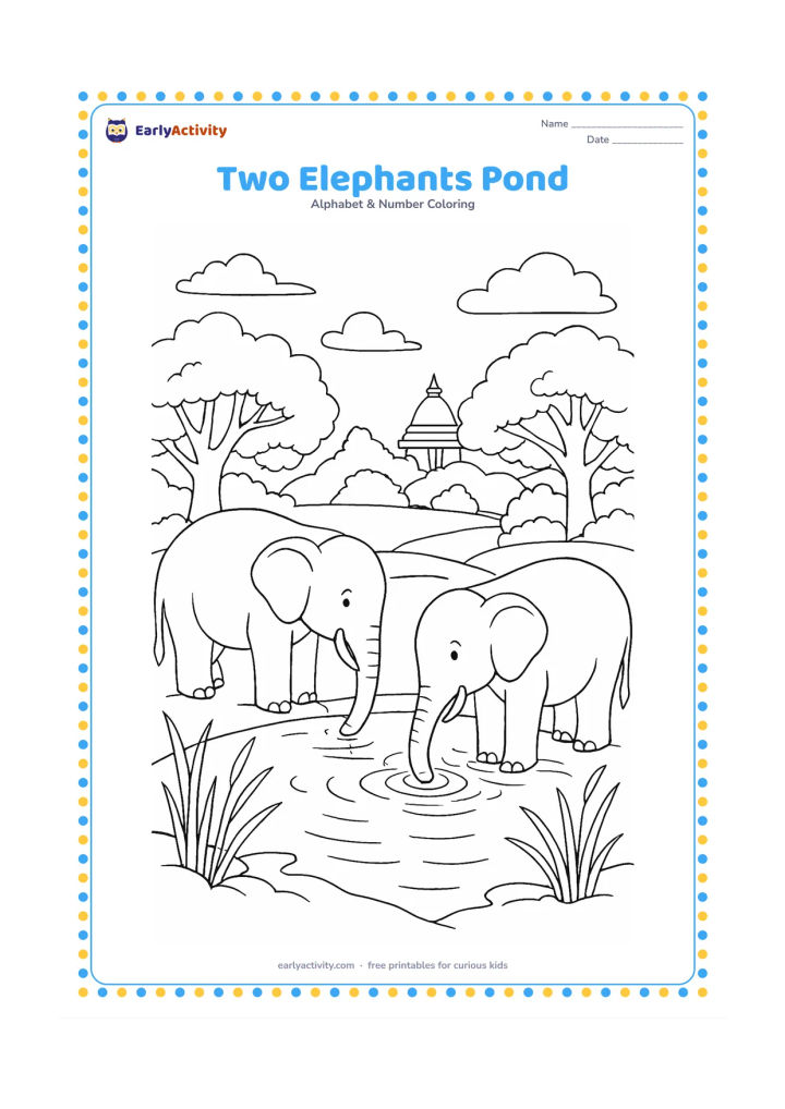 Colouring page: Draw exactly two gentle elephants drinking at opposite sides of a pond in a lush Indian landscape. Add reeds, a distant temple-like roofline without symbols, broad trees and reflected…