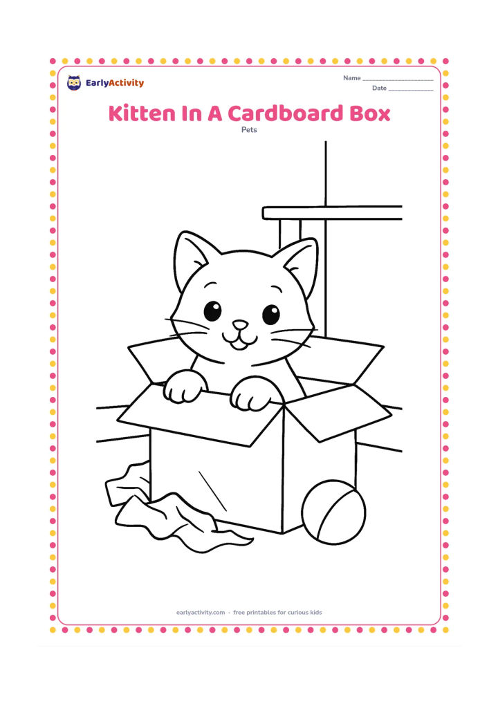 Colouring page: A kitten pops out of a cardboard box with its front paws over the edge. Show crumpled packing paper, a nearby ball and a simple shelf in the background.