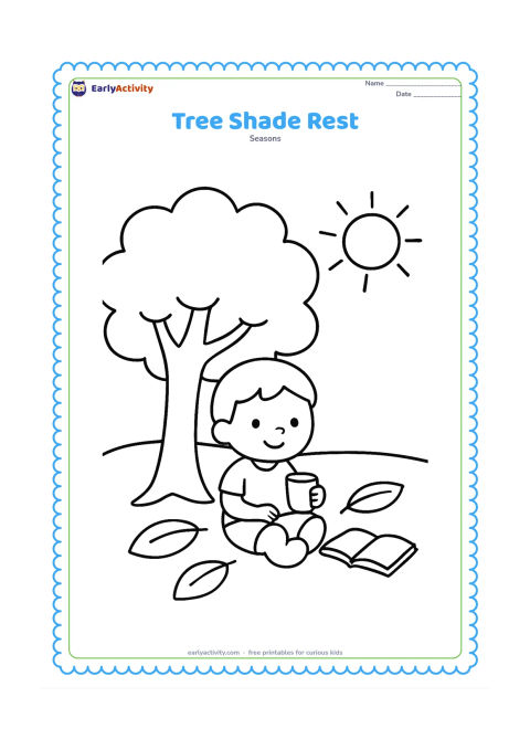Colouring page: Draw one child sitting under a broad leafy tree with a small drink and a simple book beside them. Show a sunny open patch beyond the tree and a few large fallen leaves.