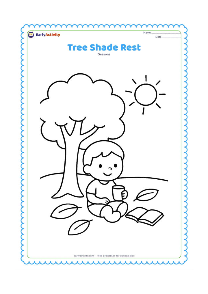 Colouring page: Draw one child sitting under a broad leafy tree with a small drink and a simple book beside them. Show a sunny open patch beyond the tree and a few large fallen leaves.