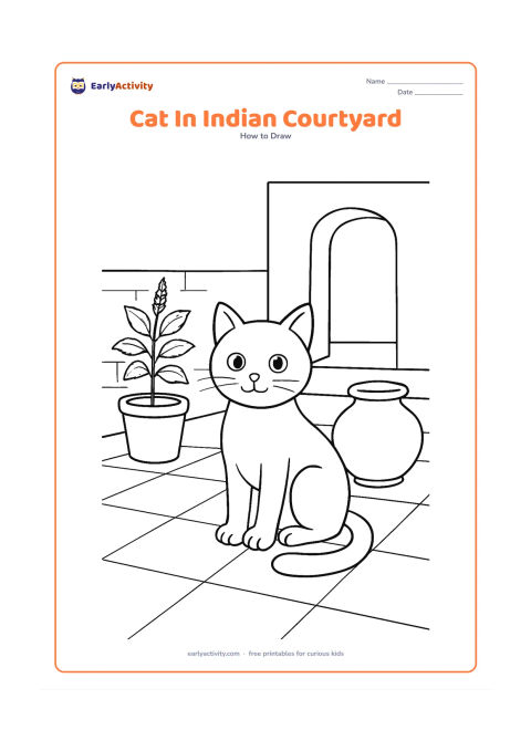 Worksheet: Draw a sitting cat in a simple Indian home courtyard beside a low clay water pot and a few potted tulsi leaves. Include a tiled floor, a doorway shape, and a tail curled around the paws.