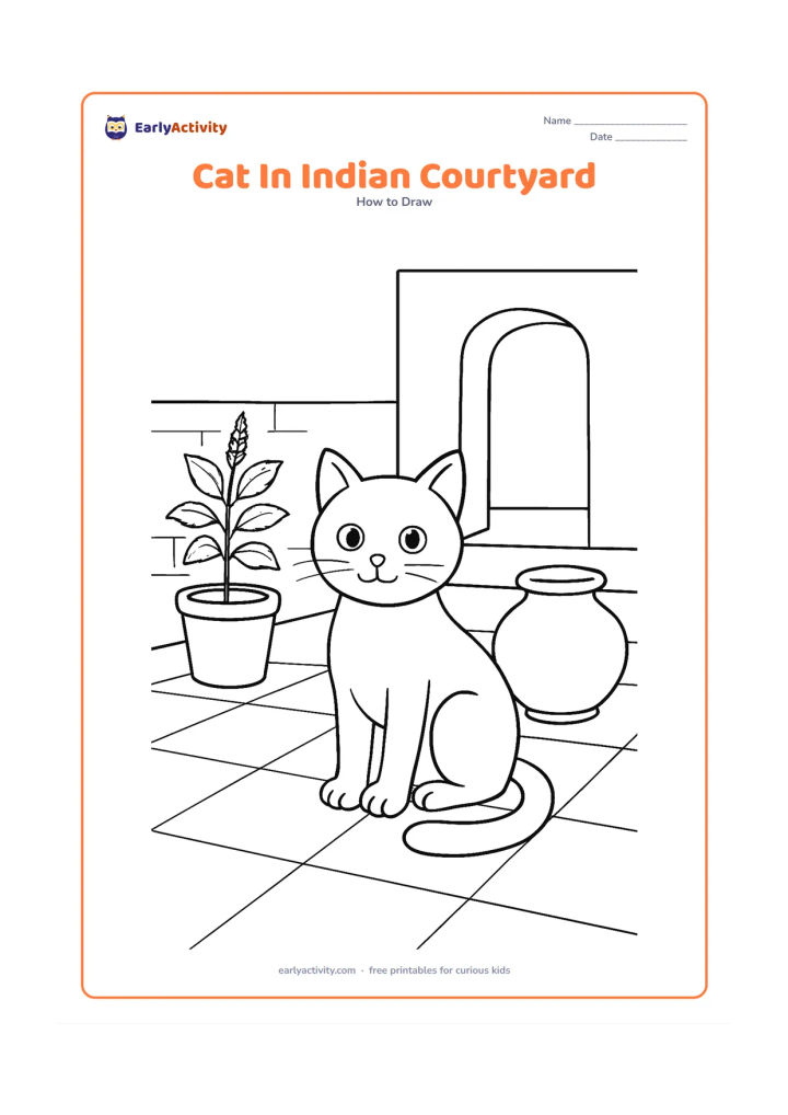 Worksheet: Draw a sitting cat in a simple Indian home courtyard beside a low clay water pot and a few potted tulsi leaves. Include a tiled floor, a doorway shape, and a tail curled around the paws.