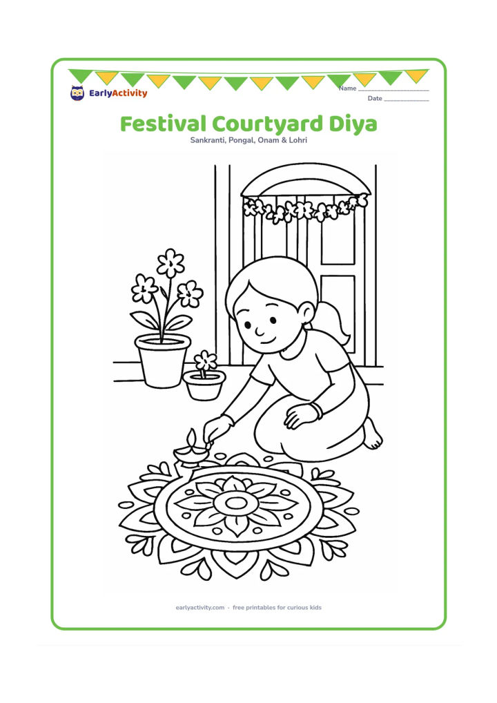 Colouring page: A child places a diya beside a detailed but manageable rangoli in a home courtyard, with flower pots and a decorated doorway behind.