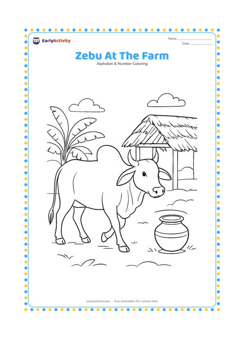 Colouring page: Draw a zebu walking through an Indian farmyard, showing its rounded hump, long ears and loose dewlap. Include a thatched shelter, a water pot and a few banana leaves in the background.