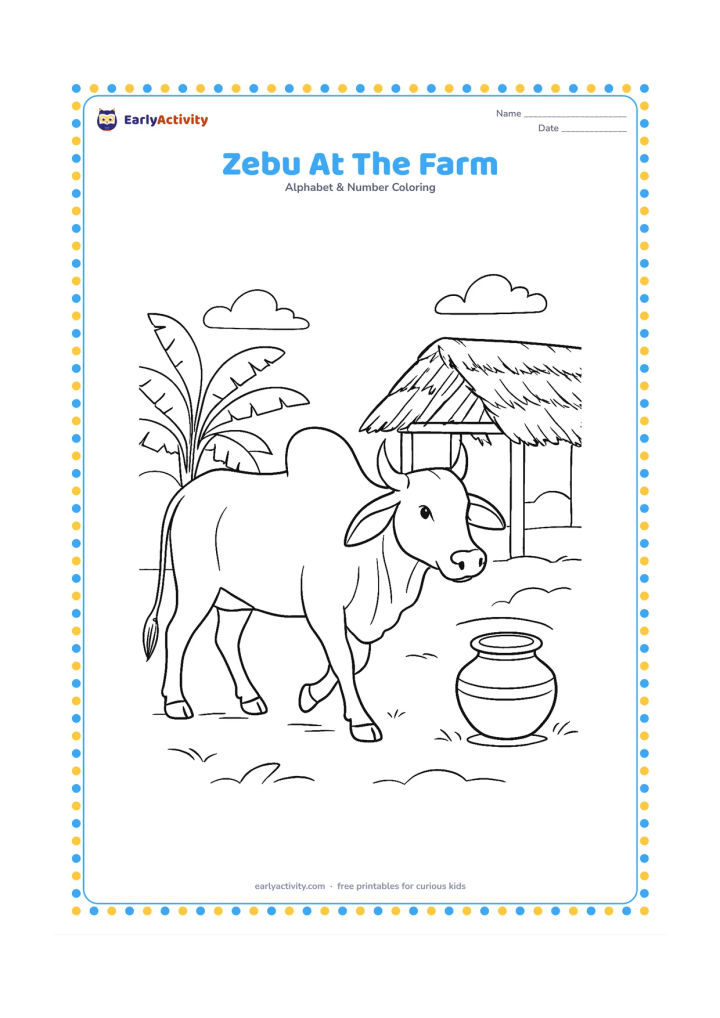 Colouring page: Draw a zebu walking through an Indian farmyard, showing its rounded hump, long ears and loose dewlap. Include a thatched shelter, a water pot and a few banana leaves in the background.