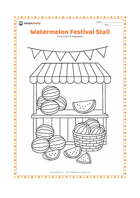 Colouring page: Draw a cheerful watermelon stall at an Indian summer fair, with stacked whole watermelons, sliced wedges, a striped canopy, baskets and hanging plain bunting. Do not include signs or…