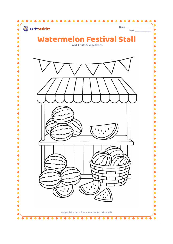 Colouring page: Draw a cheerful watermelon stall at an Indian summer fair, with stacked whole watermelons, sliced wedges, a striped canopy, baskets and hanging plain bunting. Do not include signs or…