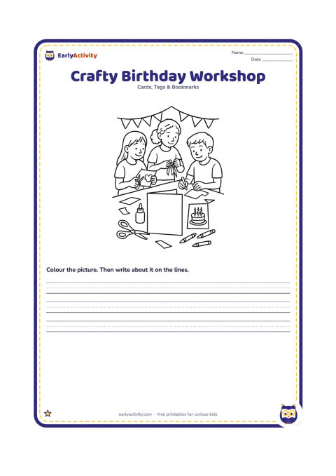 Worksheet: Draw three older children making a birthday card at a craft table, cutting paper shapes, tying ribbon, and decorating a cake-shaped card. Include scissors, glue, crayons, paper scraps,…