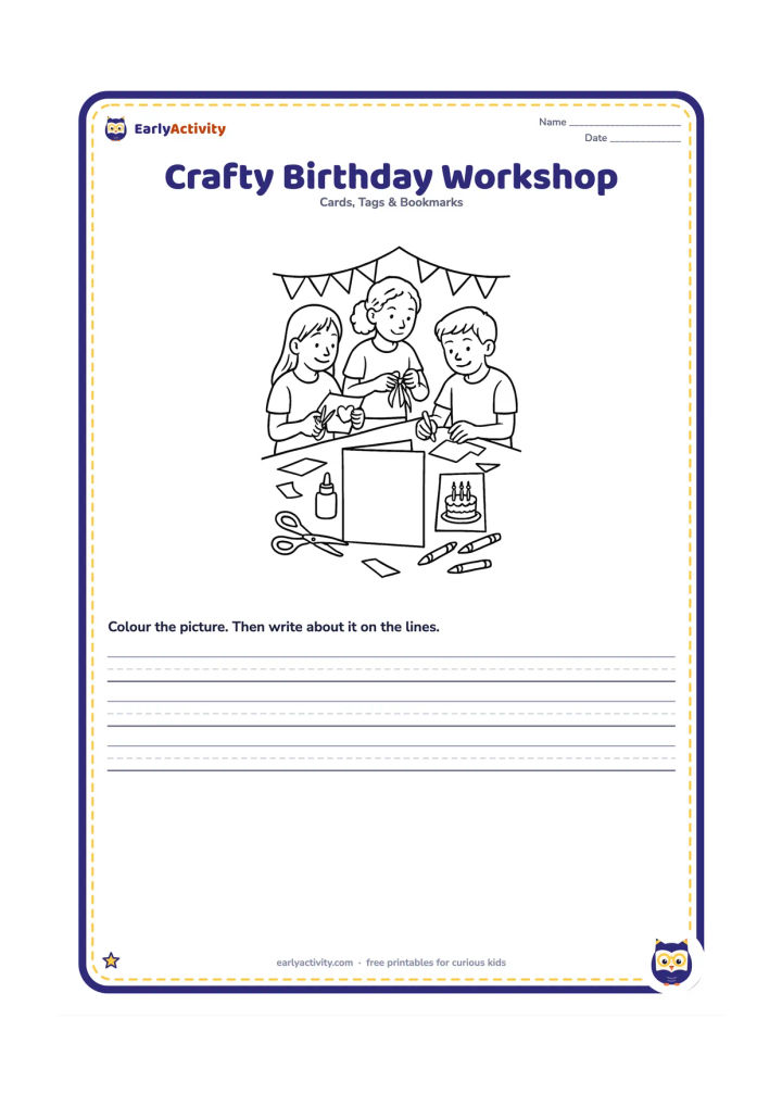 Worksheet: Draw three older children making a birthday card at a craft table, cutting paper shapes, tying ribbon, and decorating a cake-shaped card. Include scissors, glue, crayons, paper scraps,…
