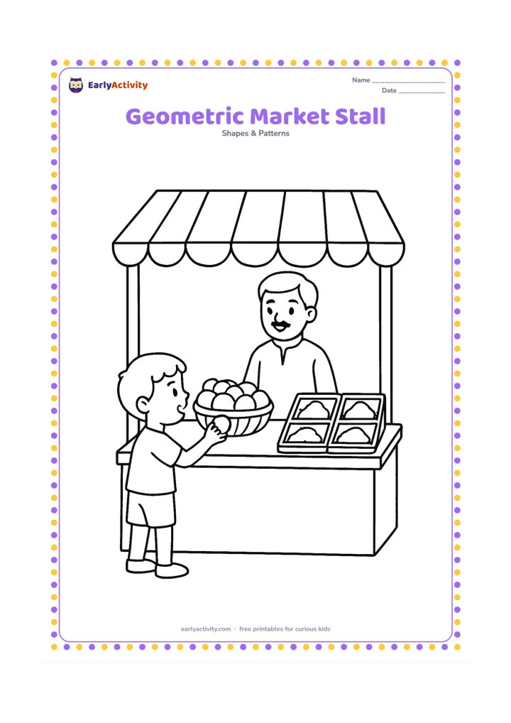 Colouring page: Draw an Indian market stall with a rectangular counter, a striped triangular awning, round fruit baskets, and square spice boxes. Show a child choosing one object while a shopkeeper…