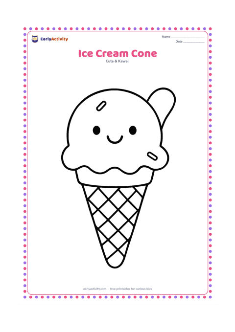 Colouring page: Draw a single smiling scoop of ice cream on a large cone, with two small sprinkles and a simple curved wafer beside it. Centre the cone on the page.