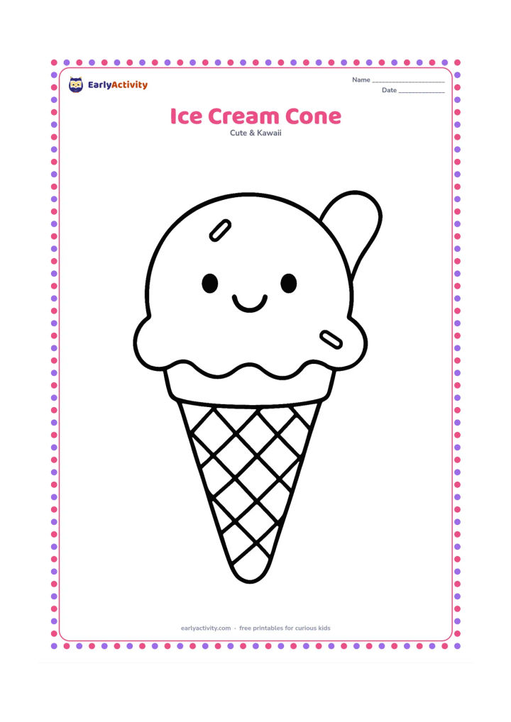 Colouring page: Draw a single smiling scoop of ice cream on a large cone, with two small sprinkles and a simple curved wafer beside it. Centre the cone on the page.