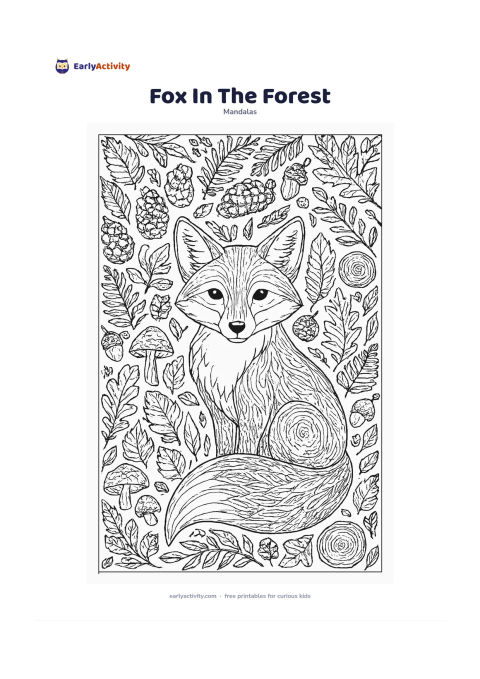 Colouring page: Place a calm fox sitting in the centre of a woodland clearing, with its large tail curling around one side. Surround it with repeating pinecones, ferns, mushrooms, tree rings, acorns,…