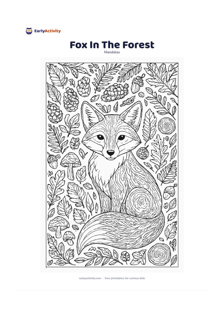 Colouring page: Place a calm fox sitting in the centre of a woodland clearing, with its large tail curling around one side. Surround it with repeating pinecones, ferns, mushrooms, tree rings, acorns,…