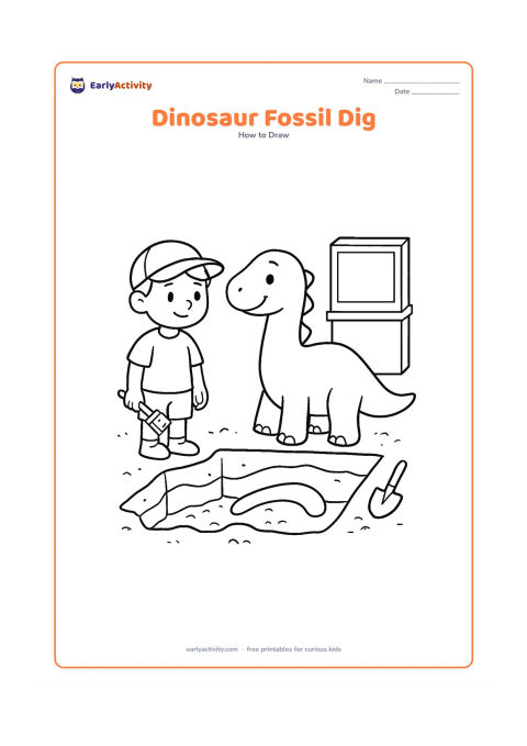 Worksheet: Show a child and a friendly dinosaur beside an open fossil dig, with the dinosaur constructed from ovals and curves and a partially revealed fossil shape in the soil. Include a small…