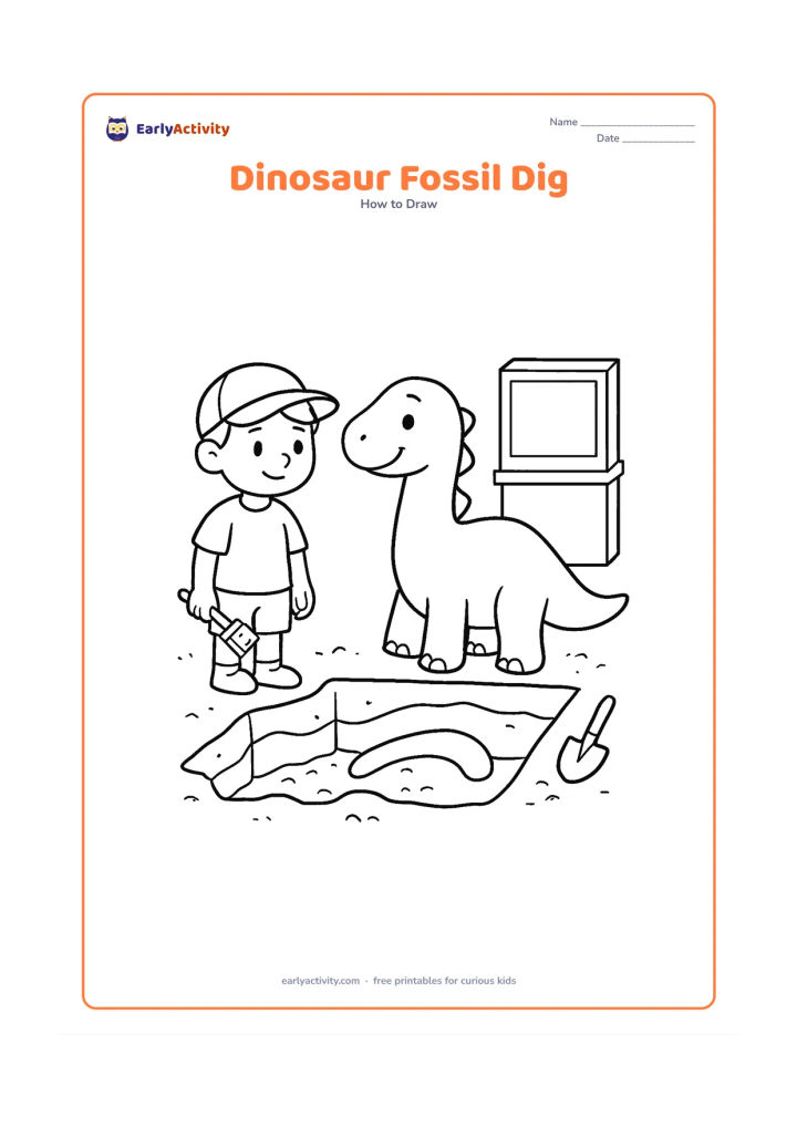 Worksheet: Show a child and a friendly dinosaur beside an open fossil dig, with the dinosaur constructed from ovals and curves and a partially revealed fossil shape in the soil. Include a small…