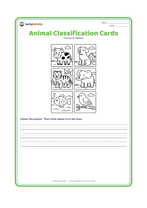 Worksheet: Arrange six separate card-like picture spaces containing a cow, dog, tiger, elephant, fish and sparrow. Give each space a small visual setting so children can classify farm, pet, wild or…