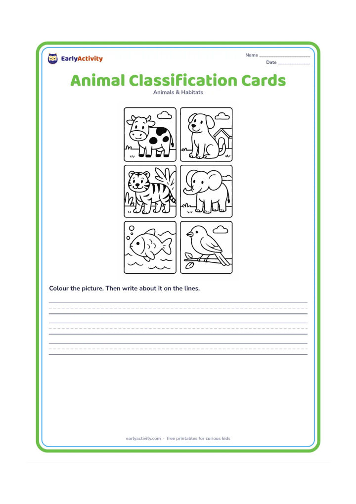 Worksheet: Arrange six separate card-like picture spaces containing a cow, dog, tiger, elephant, fish and sparrow. Give each space a small visual setting so children can classify farm, pet, wild or…