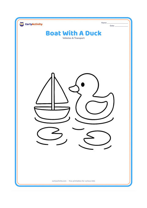 Colouring page: Draw a little boat floating beside one friendly duck on a pond. Include two lily pads and a few large ripples around the boat.