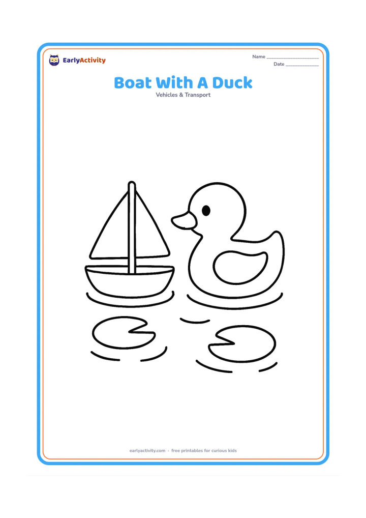 Colouring page: Draw a little boat floating beside one friendly duck on a pond. Include two lily pads and a few large ripples around the boat.