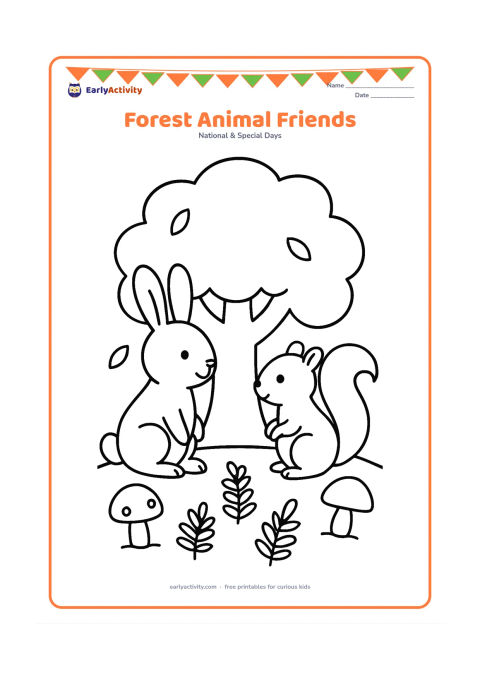 Colouring page: Draw a friendly rabbit and squirrel sitting beneath a broad tree, with two mushrooms, simple ferns and a few falling leaves around them. Keep both animals facing one another peacefully.