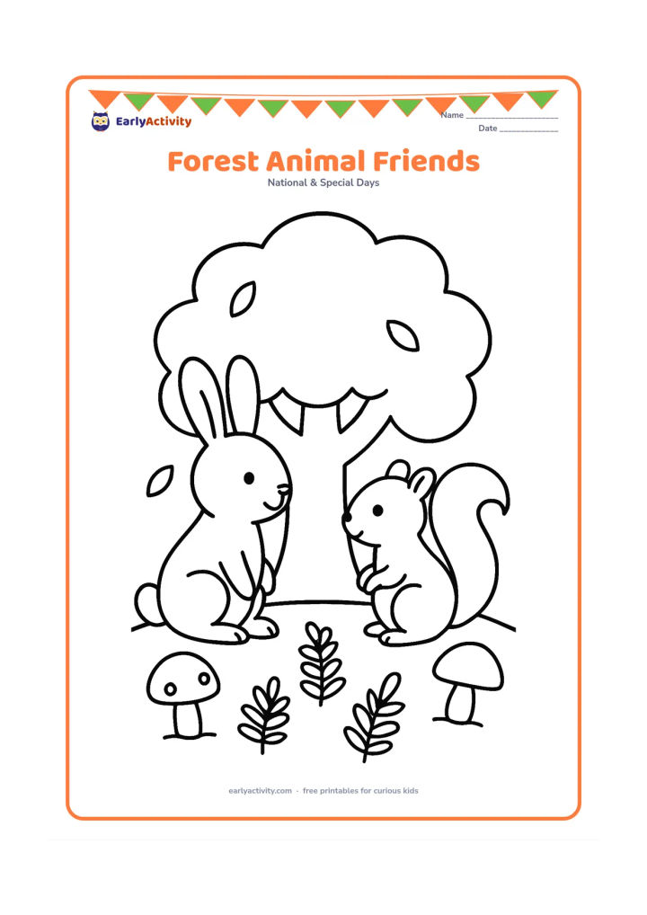 Colouring page: Draw a friendly rabbit and squirrel sitting beneath a broad tree, with two mushrooms, simple ferns and a few falling leaves around them. Keep both animals facing one another peacefully.