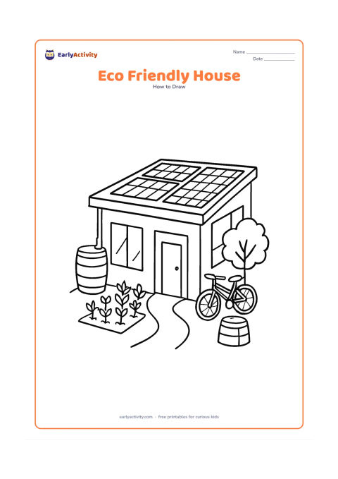 Worksheet: Draw a modern eco-friendly house with a flat roof, solar panels shown as plain rectangles with grid lines, a rain barrel, a vegetable garden, a compost bin and a bicycle. Add large…