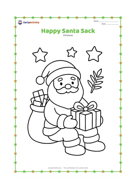 Colouring page: Santa sits beside a large open sack filled with simple gifts, holding one present in his lap. Add a small evergreen branch and a few large stars around him.