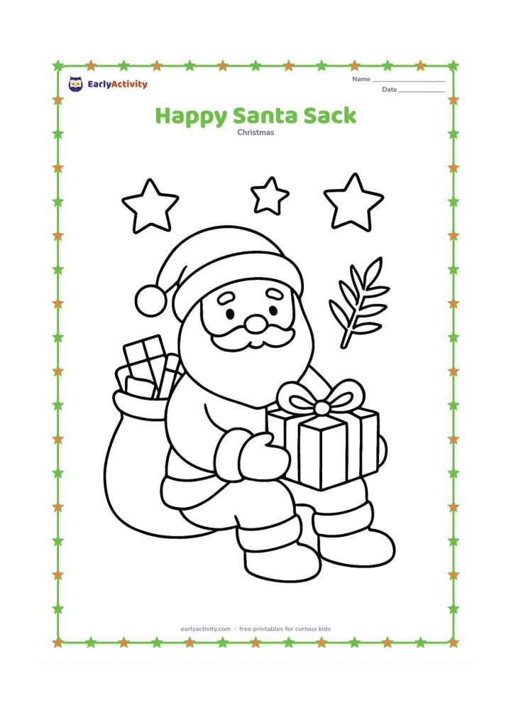 Colouring page: Santa sits beside a large open sack filled with simple gifts, holding one present in his lap. Add a small evergreen branch and a few large stars around him.