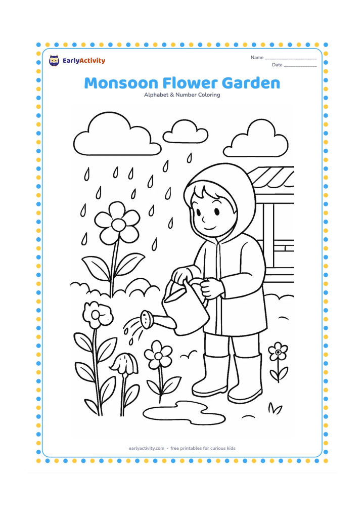 Colouring page: Draw a child wearing simple rainwear watering flowers after a shower, with broad leaves, raindrops on petals, a small puddle and a covered Indian veranda in the background. Include…
