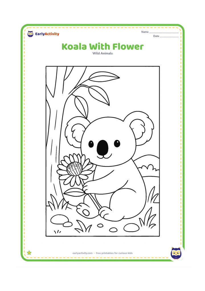 Colouring page: Draw a seated koala holding a large native flower beside a eucalyptus tree. Include several leaves, grass tufts, rounded stones and a distant low hill.