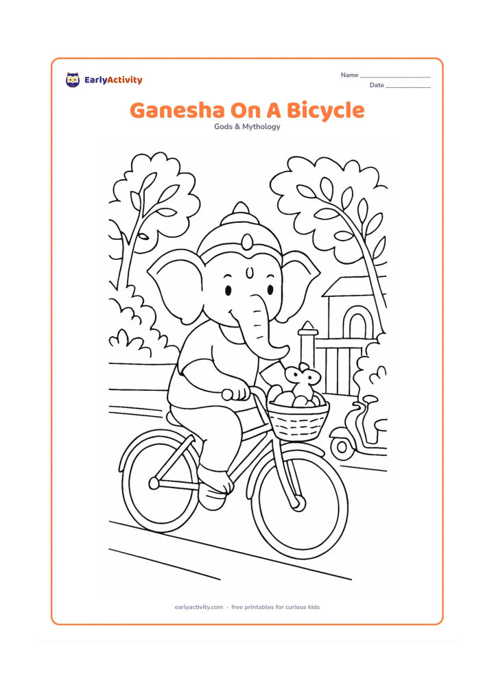 Colouring page: Lord Ganesha rides a simple bicycle slowly along a quiet Indian street, balancing a basket of modaks on the handlebar. Add a small mouse sitting in the basket, leafy trees, a home gate…