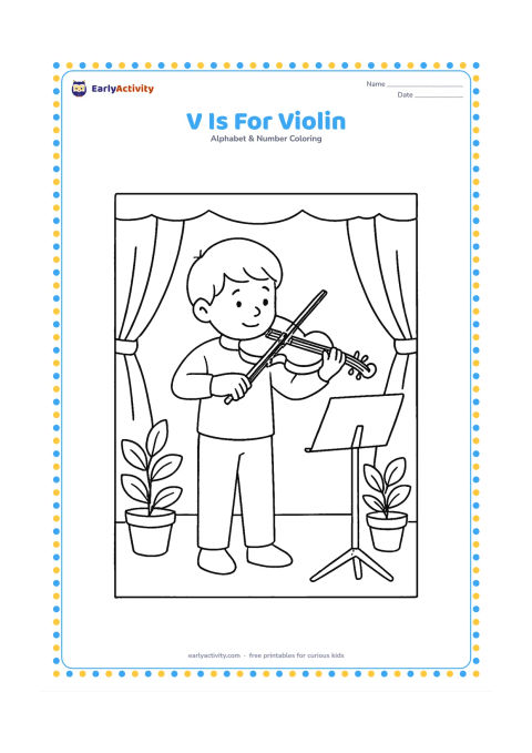 Colouring page: Draw a child playing a violin on a small indoor stage, with a curtain, music stand and two potted plants. The stand must be blank with no notes or writing.
