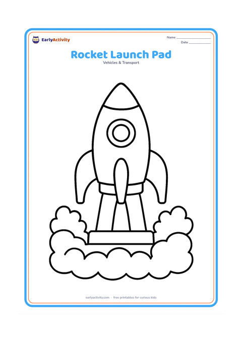 Colouring page: Draw a simple rocket standing on a launch platform with two chunky support arms, a few rounded bushes and broad smoke clouds below.