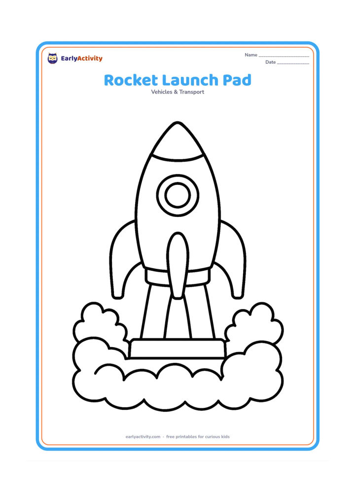 Colouring page: Draw a simple rocket standing on a launch platform with two chunky support arms, a few rounded bushes and broad smoke clouds below.