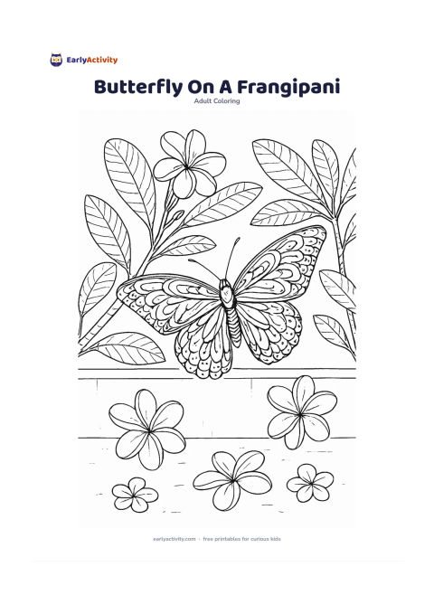 Colouring page: Show a butterfly perched on a frangipani branch with broad leaves, layered five-petal flowers, fallen blossoms, and a simple courtyard wall. Give the butterfly graceful open wings with…
