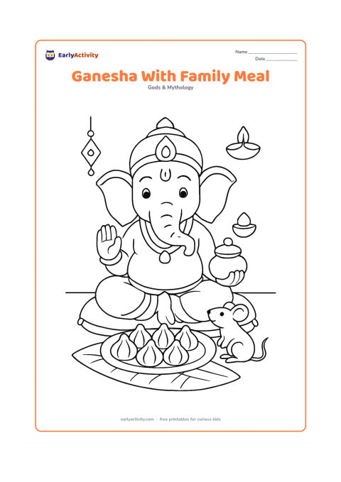 Colouring page: Lord Ganesha sits at a low Indian-style meal setting with a plate of modaks, a small water pot and his mouse companion. Add a floor cushion, a banana leaf and a few simple wall decorations.