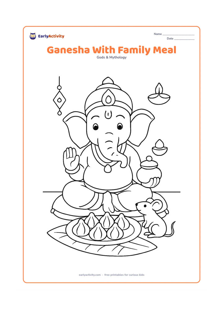 Colouring page: Lord Ganesha sits at a low Indian-style meal setting with a plate of modaks, a small water pot and his mouse companion. Add a floor cushion, a banana leaf and a few simple wall decorations.