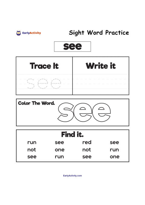 Worksheet with the sight word “see” for tracing, writing, colouring and finding among other short words.