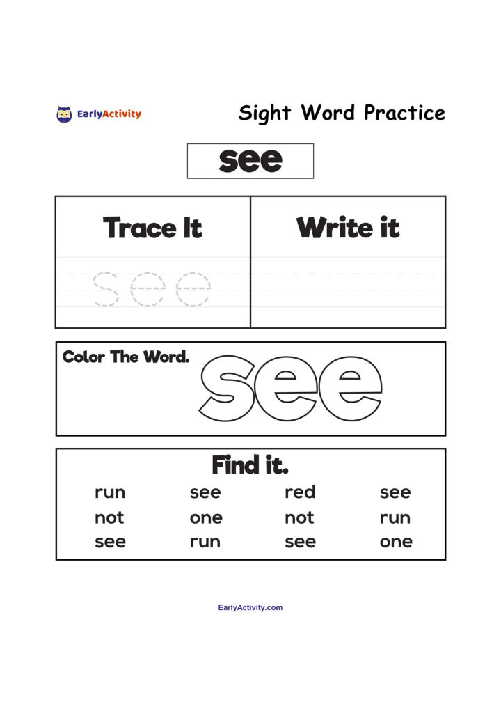 Worksheet with the sight word “see” for tracing, writing, colouring and finding among other short words.