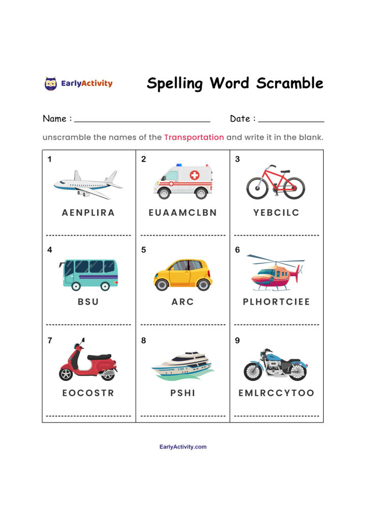 Worksheet with nine transportation pictures, including an airplane, ambulance, bicycle, bus, car, helicopter, scooter, boat and motorcycle, with scrambled letters.