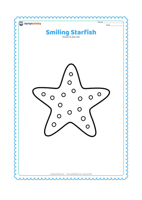 Colouring page: Draw one large five-armed starfish centered on the page, with a friendly face-free natural surface and plenty of open space around it.